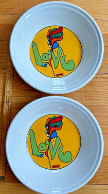 vtg original 1960s Peter Max 2 LOVE BOWLS yellow green dish plate psychedelic