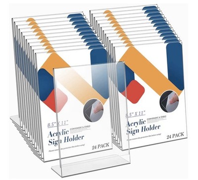 24 Pack Acrylic Sign Holder 8.5 x 11, Slant Back Display Stand, Clear Frames
