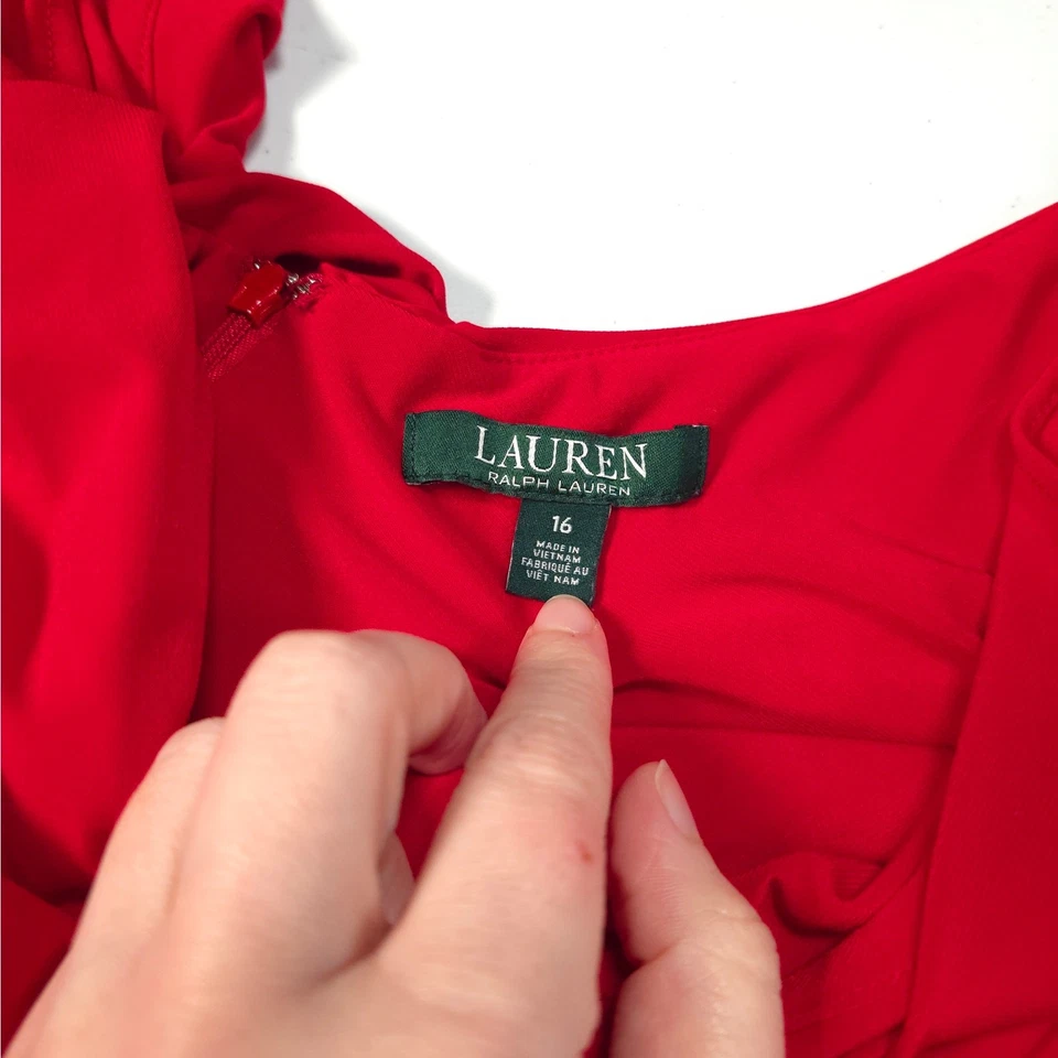 Lauren Ralph Lauren Maxi Red Dress Draping Gathered Waist Women Size 16 Date - Image 4 of 4