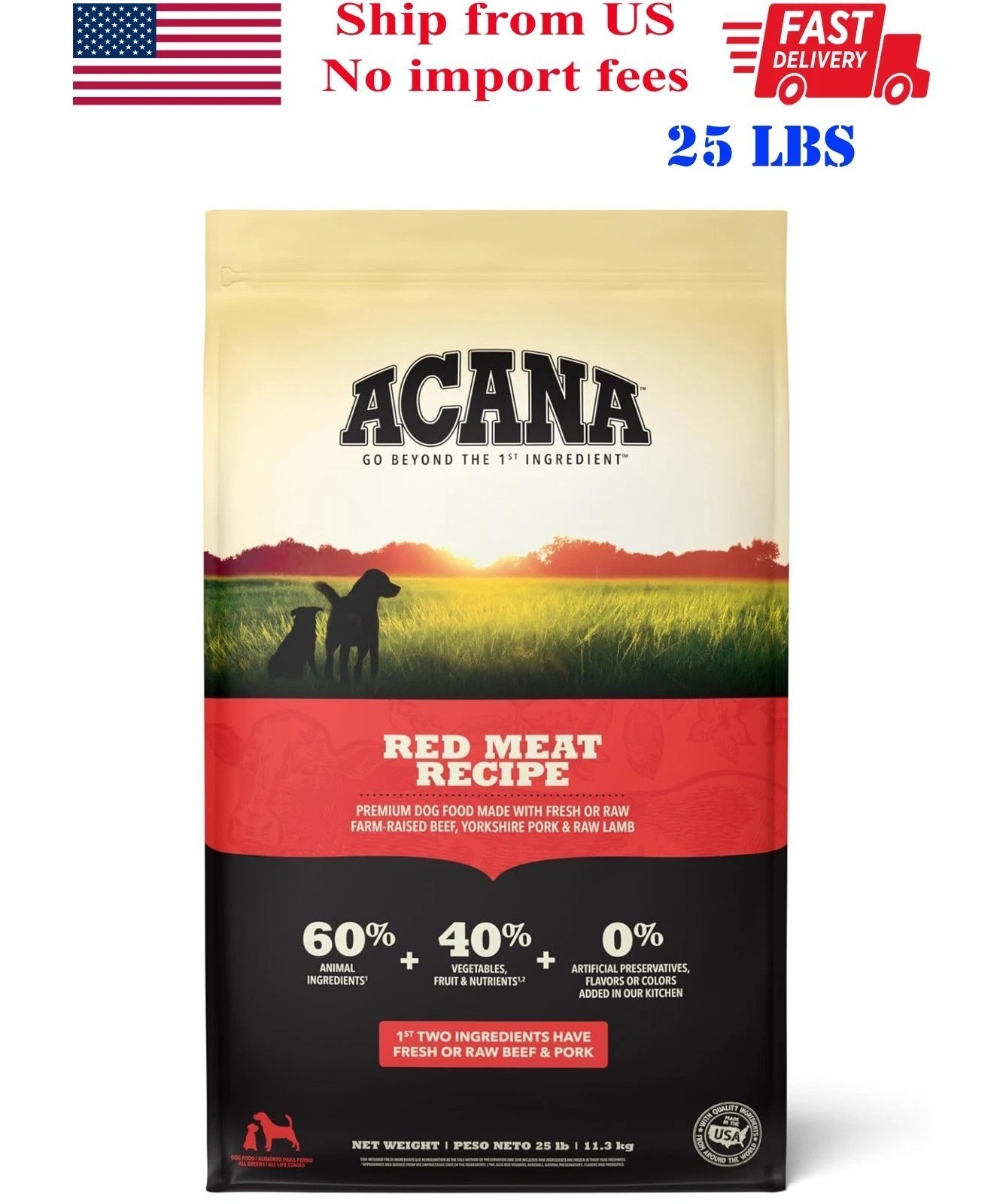 ACANA Grain Free Dry Dog Food, Red Meat Recipe, 25 lb Bag, ship from US