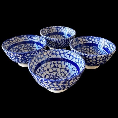 4 Italian Blue Spongeware Cereal Salad Bowls With Pedestal 5.5 d La Primula EUC