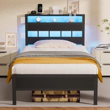 Twin Bed Frames with Charging Station and LED Lights, Twin Size Platform Bed