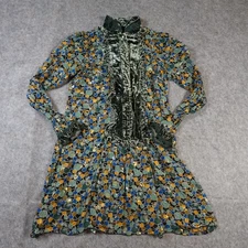 Anna Sui Dress Womens 4 Mini Silk Velvet Trim Patterned Textured Green Long Slv