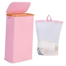 Slim Laundry Hamper, Narrow Laundry Basket with Lid,Foldable Clothes 65L Pink