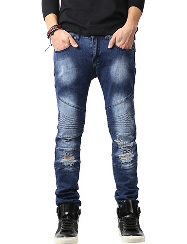 Mens Denim BIKER JEANS Stretch Fashion Pants Zipper Ripped Slim Fit Casual - Picture 81 of 136