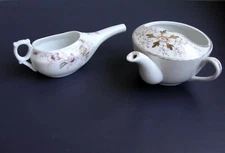 2 Antique Medical Porcelain Invalid/Infant Feeders Pap Boat Floral Gold Trim