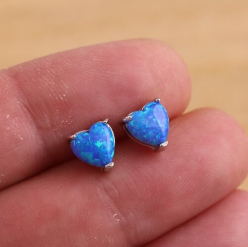 925 Sterling Silver Blue Opal Love Heart Shaped Stud Earrings Gift Boxed - Picture 1 of 7