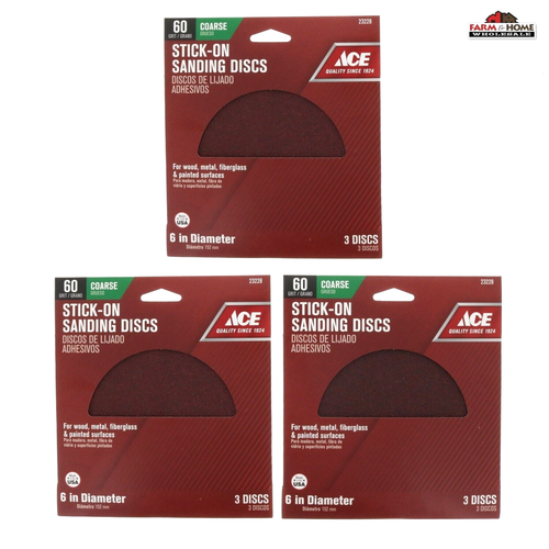 9pcs ACE Stick On Sanding Sandpaper Discs 6" Dia. 60 Grit Coarse NEW