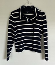 Chaps Navy Blue White Stripe Jacket Blazer Front Zip Women  s Size Medium