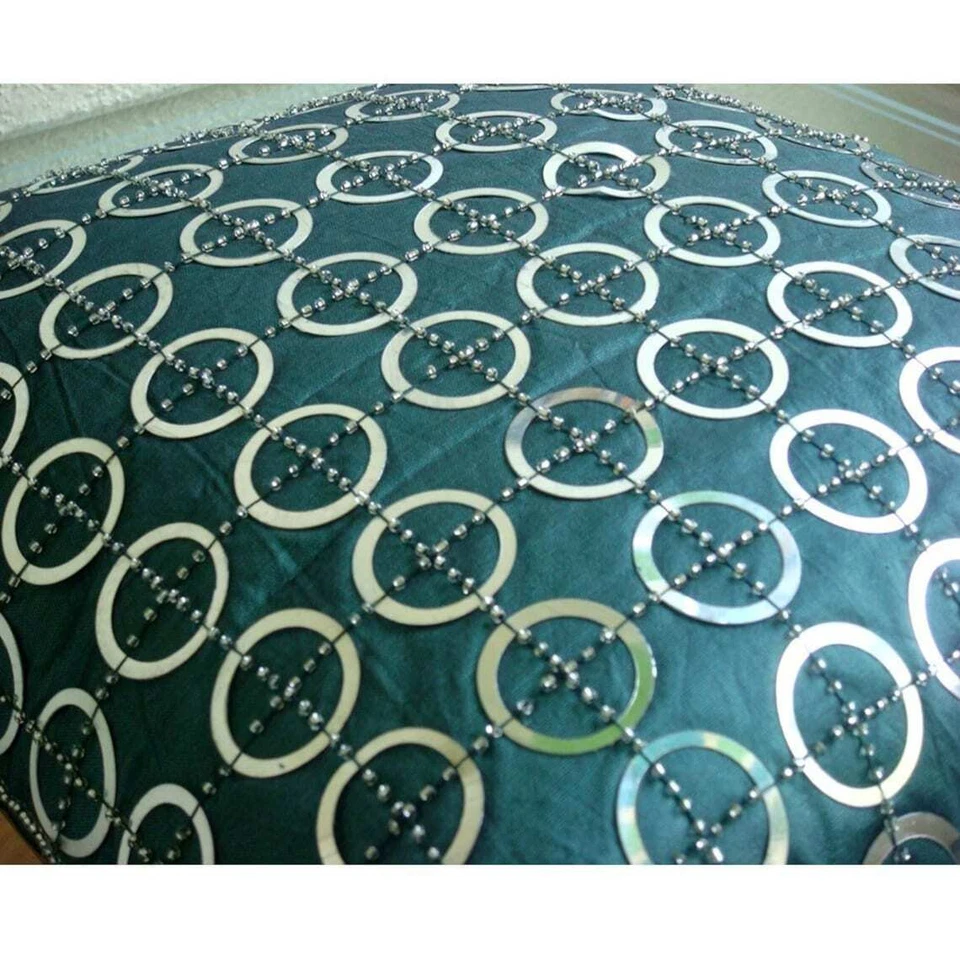Cushion Case Blue 16"x16", Bed Decor Silk Circles & Dots - Teal N Silver Rings - Image 3 of 4
