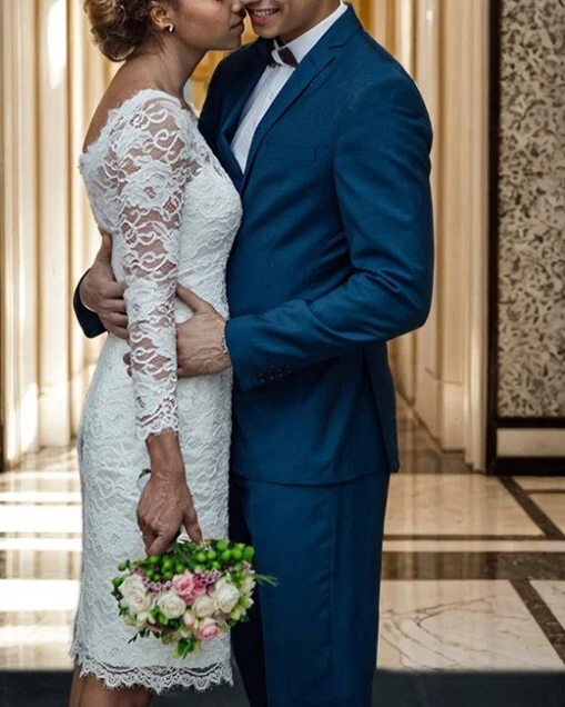 Vintage Tea-Length Scoop Beach Wedding Dress Lace Bridal Gown with Long Sleeves - Image 2 of 4