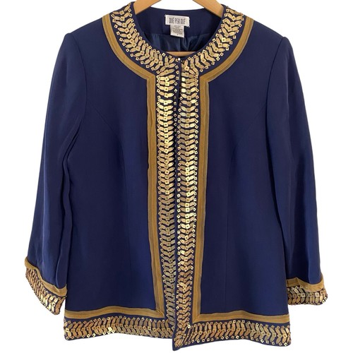 DUE Per DUE 100% Silk Jacket Blue Gold Sequin Trim Evening Formal Wear Women’s 6