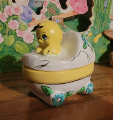 Easter Egg Baby Chick Stroller Trinket Box Ceramic Handpainted Kitschy Vintage