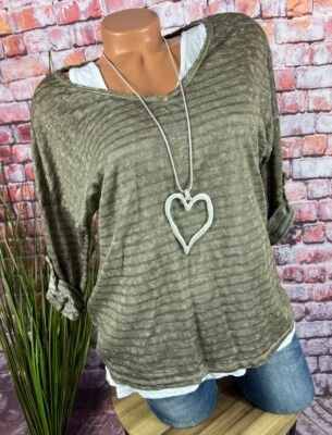2Tlg  SET Shirt + Top Italy gestreift Vintage Look TAUPE 36 38 - Bild 1 von 4