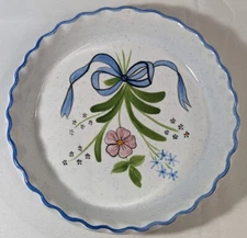Vintage Pottery 10" Quiche Dish Blue White Floral Fluted Pan Plate Cottage Core