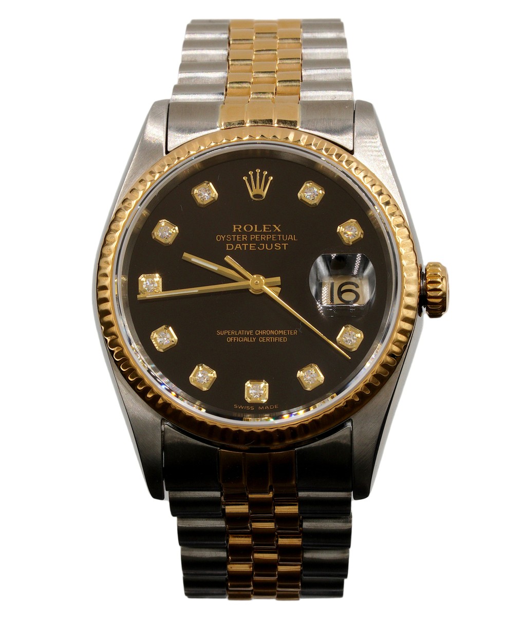 Mens Rolex Two-Tone Datejust Watch with Factory Black Diamond Dial