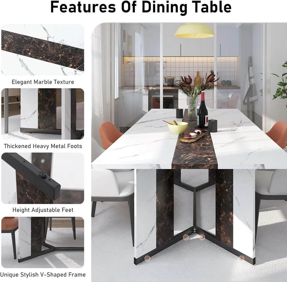 Mesa de comedor rectangular grande de 71 pulgadas para 6-8 personas, mesa de comedor con mármol- Foto 4 de 4