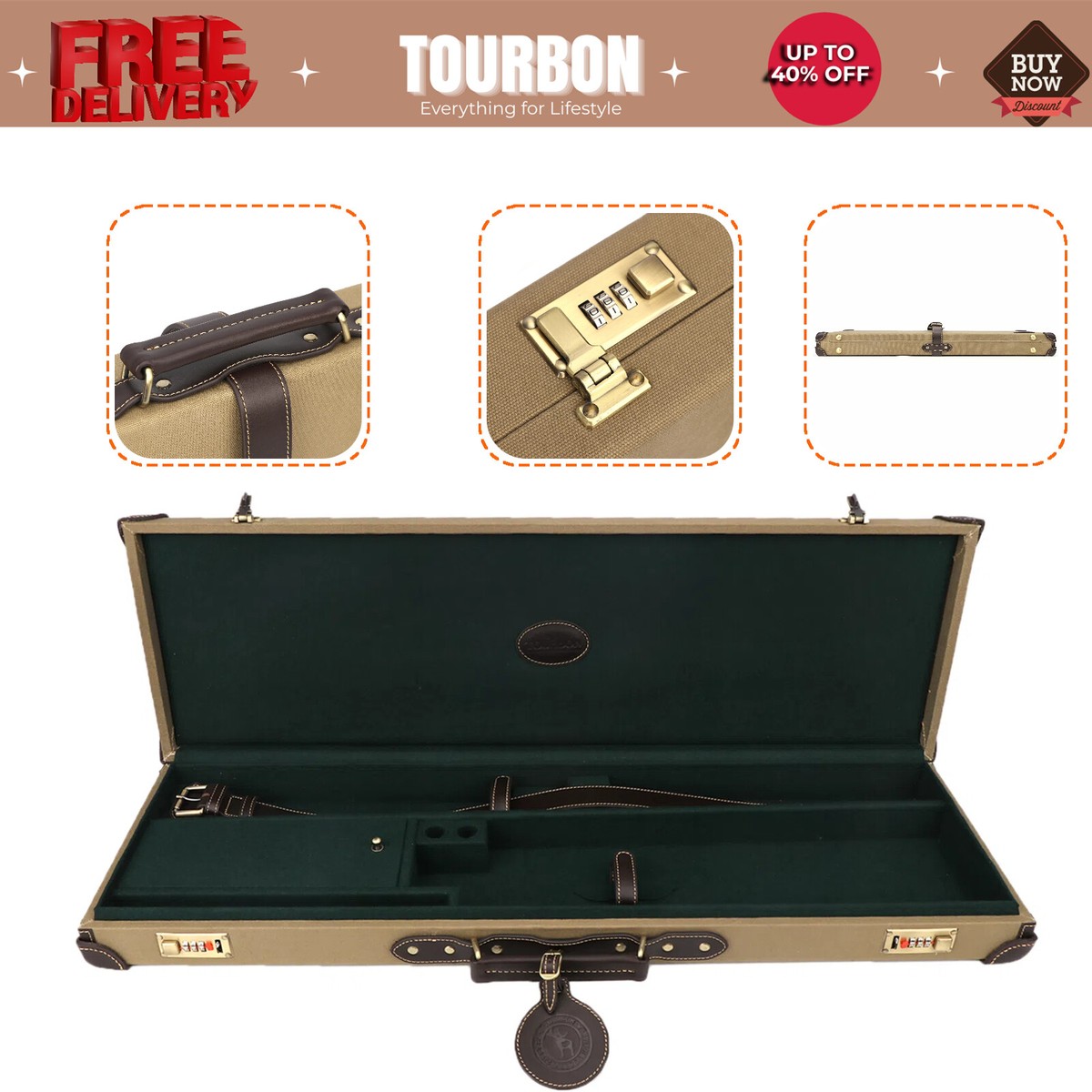 Tourbon Canvas Leather Breakdown Shotgun Hard Case Box Safe Cabinet Combine Lock