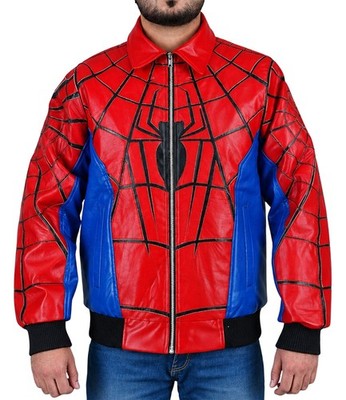 Men's Tom Holland Sheepskin Leather Jacket, Red & Blue Halloween Cosplay Costume