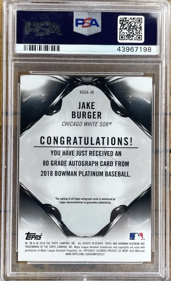 2018 Bowman Platinum Jake Burger 80 Grade Prospect Auto /10 ***PSA 10 POP 1*** - Image 2 of 2