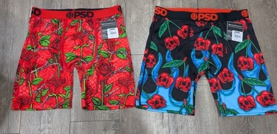 PSD Men's  Boxer Briefs 2-Pack Bundle Red Rose Barbed Wire & Skull Cherry Medium