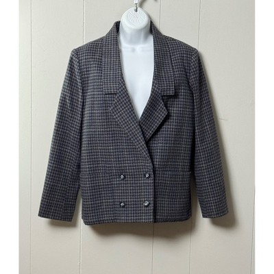 EH Woods Vintage Houndstooth Blazer Grey Wool Blend Double Breasted Jacket Sz 10