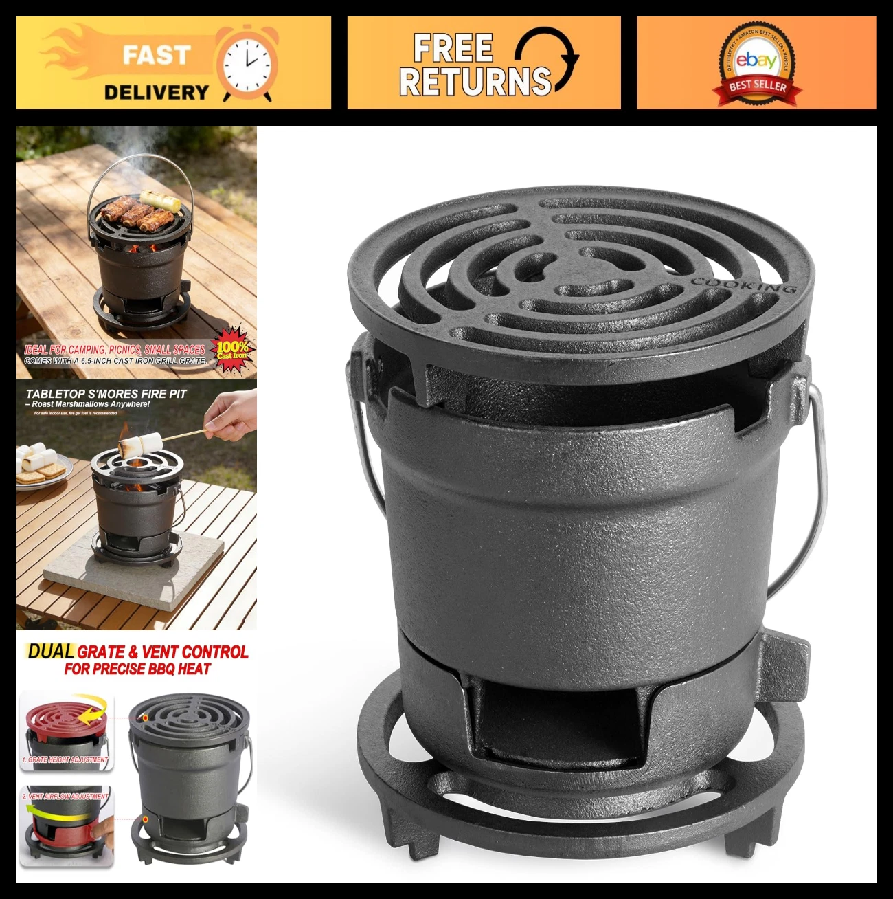 2-in-1 Portable Mini Hibachi Grill, Pre-Seasoned Cast Iron, Tabletop Charcoal BB