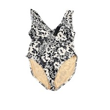 Catalina One Piece Swimsuit Womens L Floral Black White Tummy Control Ruffled