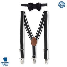 Boys Bow Tie and Suspenders Set Toddler Black Striped Adjustable Clip Fastener