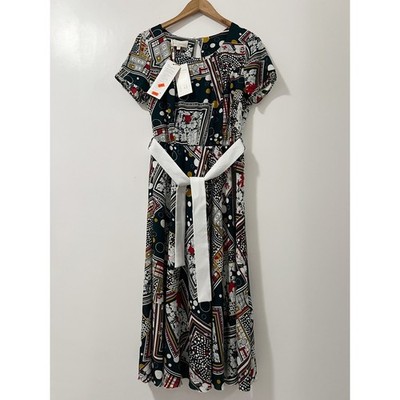 Maria Magdalena Alika Midi Dress Size 10 Geometric Floral Print Short Sleeve
