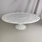 Vintage White Milk Glass Cake Stand Lattice Lace Edge Pedestal 14 Inch Round