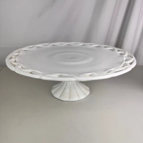 Vintage White Milk Glass Cake Stand Lattice Lace Edge Pedestal 14 Inch Round