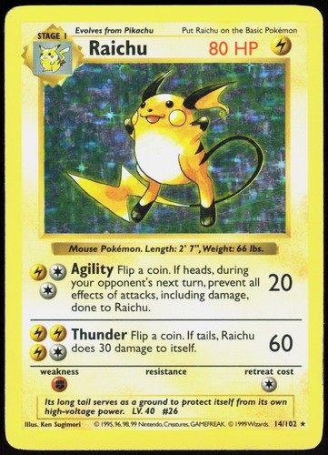 Raichu - 14/102 - Pokemon Base Set Shadowless Holo Rare Card WOTC LP