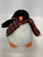 Vintage RussPlus Penguin Red Plaid Scarf Plush Black Stuffed Animal Toy 7 Inch