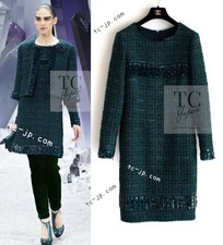$11K CHANEL 12A Dark Green Sequin Embellishment Tweed DressKarl Lagerfeld 40 US8