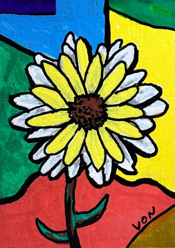 Original ACEO Vonflora Superflower Daisy Flower Painting 2.5 x 3.5