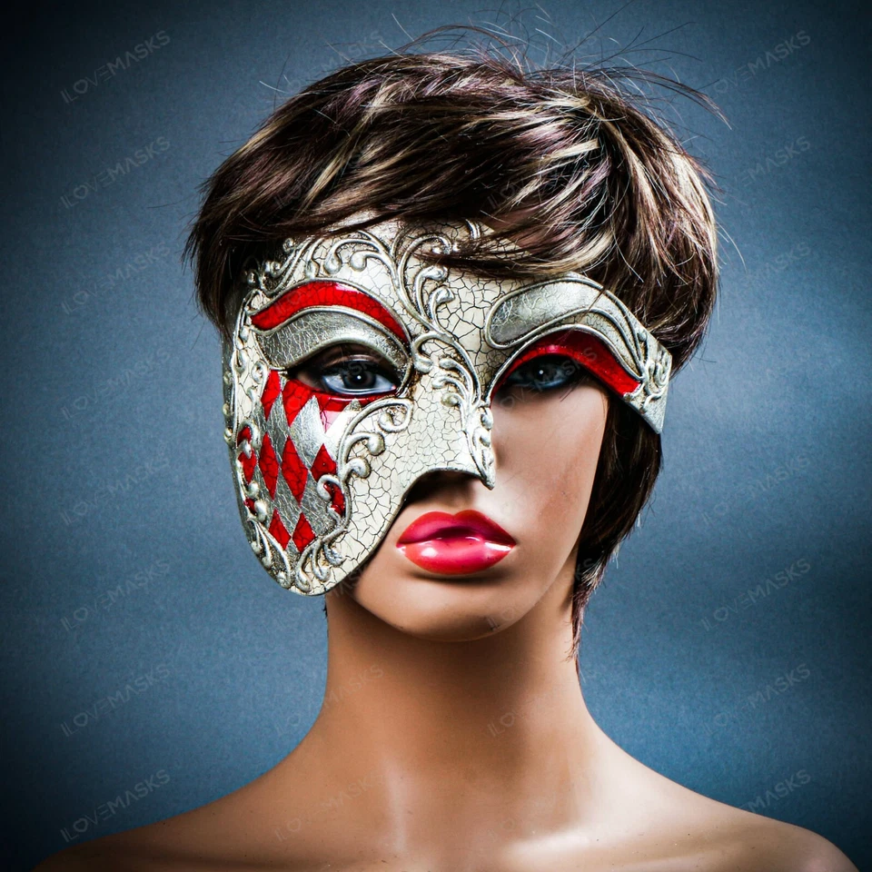 Máscara Phantom Crackle Rojo Plata Lujo Veneciana Media Cara Mascarada Baile Fiesta Foto 3 de 4