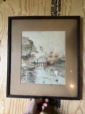 1912 Watercolor Stream Fence  E.Isenberg   E.E.Isenberg Pennsylvania Folk Artist