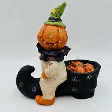Teena Flanner ? Halloween Pumpkin Man Riding Witch’s Shoe 9.5" Composition Decor