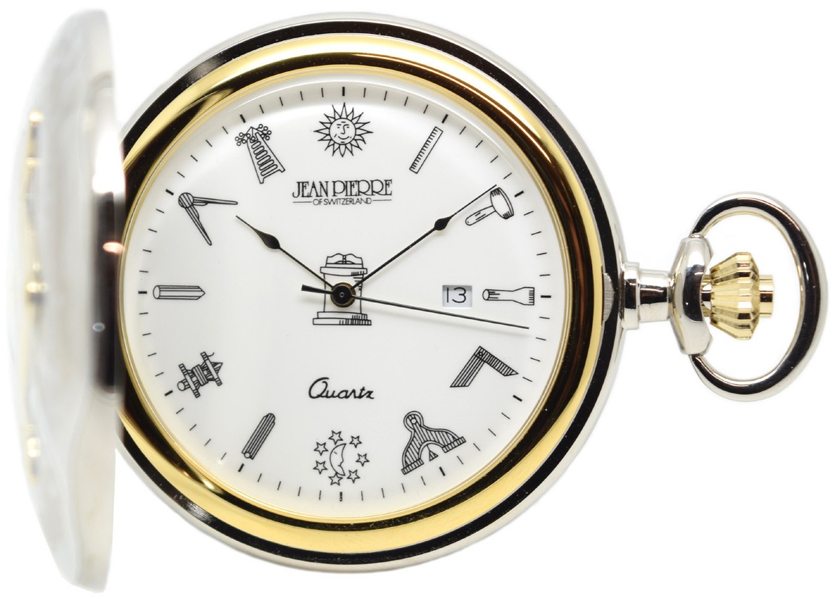 Orologio Da Tasca Jean Pierre Masonic Hunter 17 Rubini Placcato Oro Con Catena E Incisione Gratuita