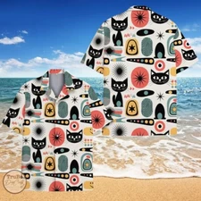 Retro Hawaiian Shirt Black Cat Mid-Century Modern Abstract Geometric