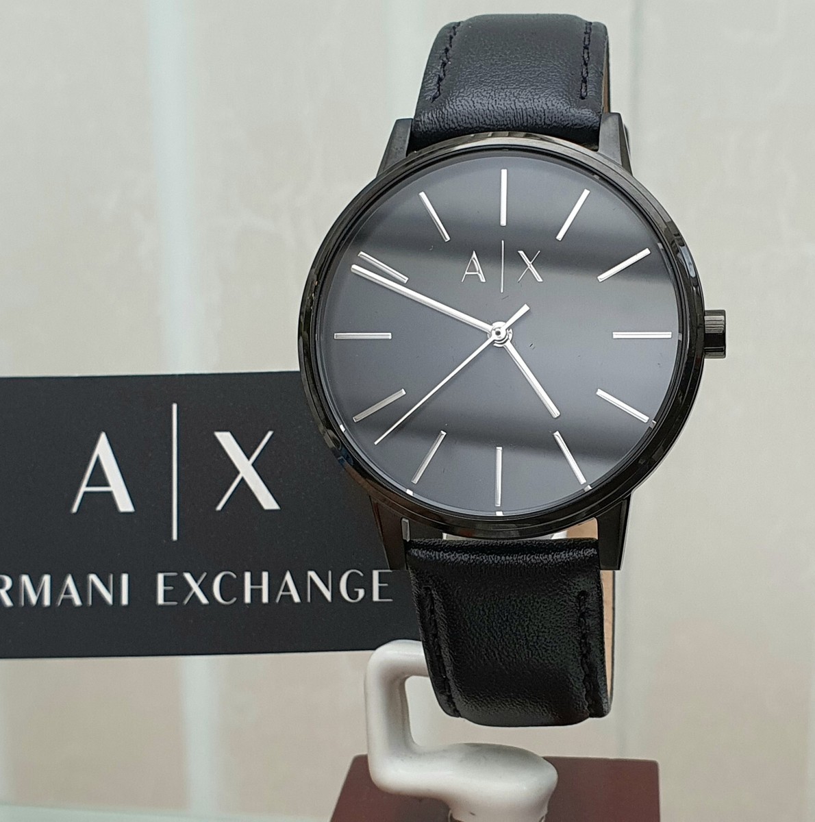 New ARMANI EXCHANGE Mens Watch Slim Black Leather strap Gift for