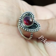 Natural Red Garnet Gemstone 925 Sterling Silver Heart Ring Couple Gift Jewelry