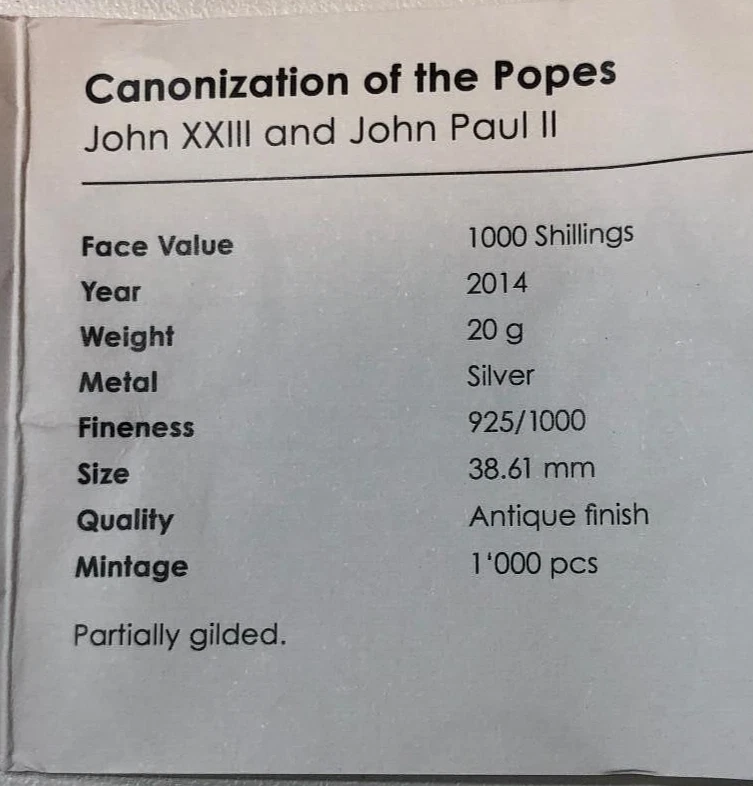 Tanzania, 2014, 1000 Shillings, John XXIII &John Paul II, Scarce, Antique silver - Image 4 of 4