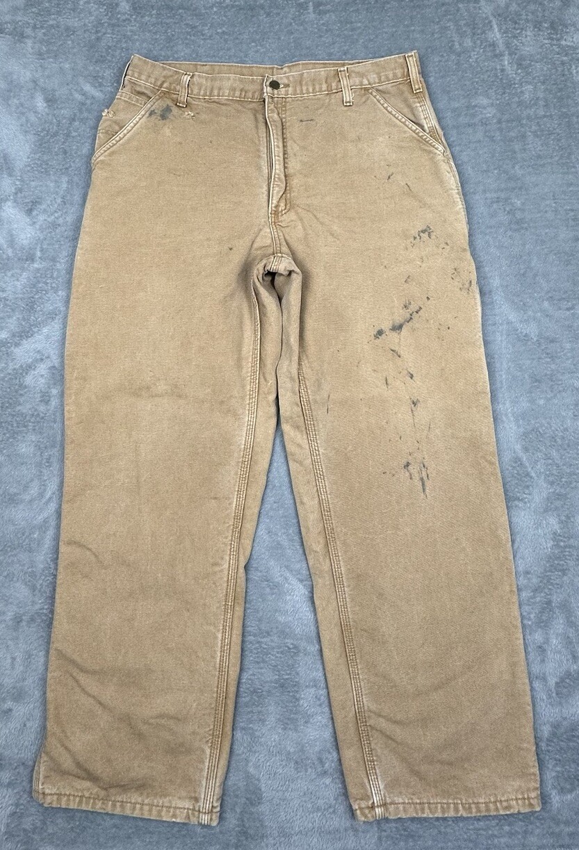 Vintage Carhartt Carpenter Pants Mens 38x30 (36x30) Brown Fleece Lined Work READ