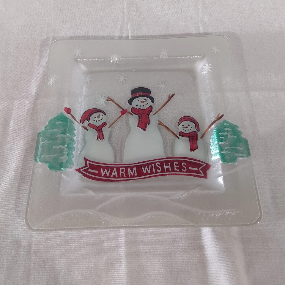 Plato cuadrado de vidrio San Nicolás, 3 muñecos de nieve 11 x 11 "Deseos cálidos" Foto 2 de 4