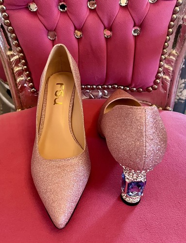 FSJ Bridal Pointed Pink Glitter Heels Crystal Pumps Slip On Comfort Wedding