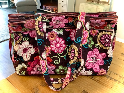 NEW!! VERA BRADLEY MOD PINK FLORAL BROWN LARGE TOTE SHOULDER BAG PURSE 14"x10” - Picture 4 of 24