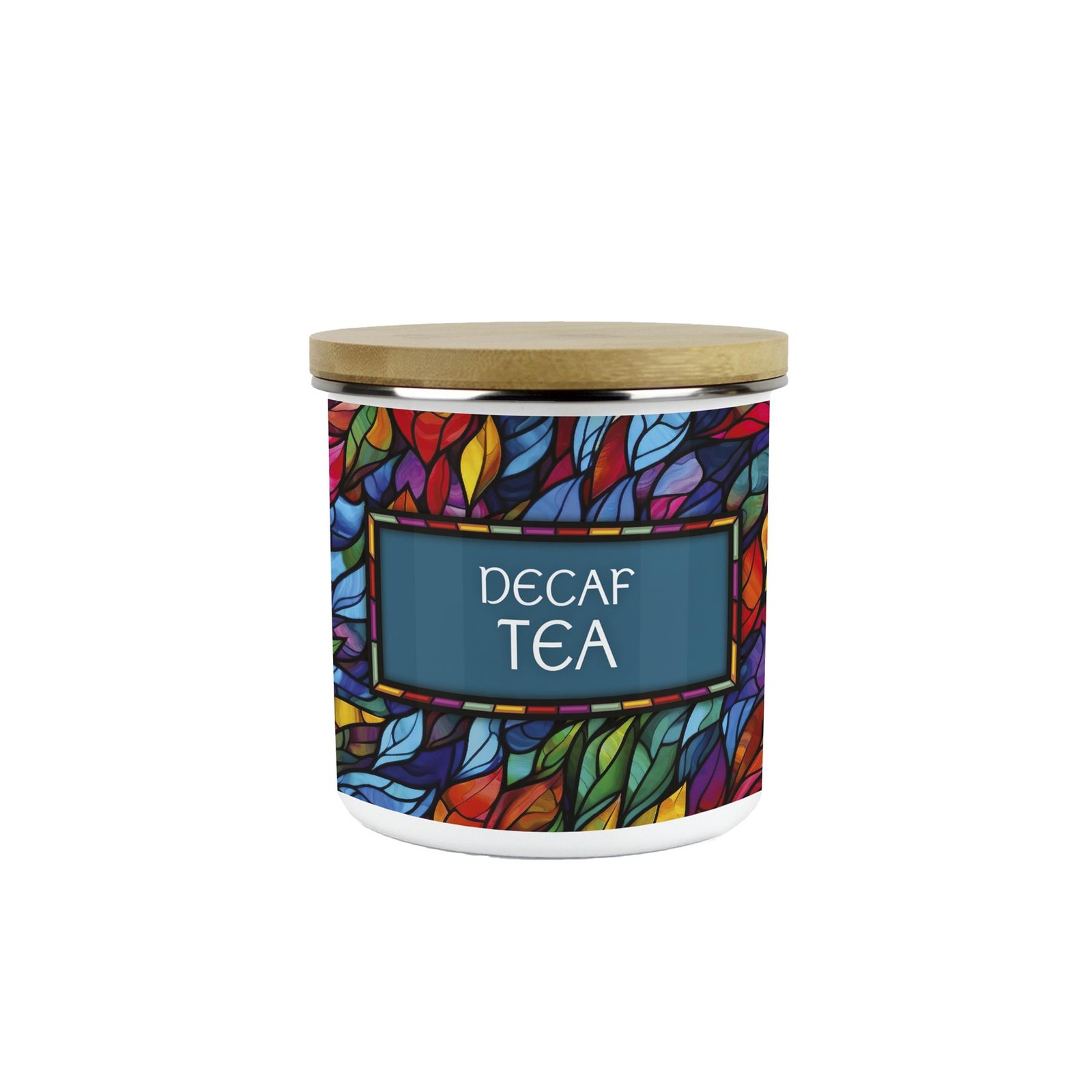 Stained Glass Patterned Decaf Tea Canister - 600ml Enamel Kitchen Storage Gift