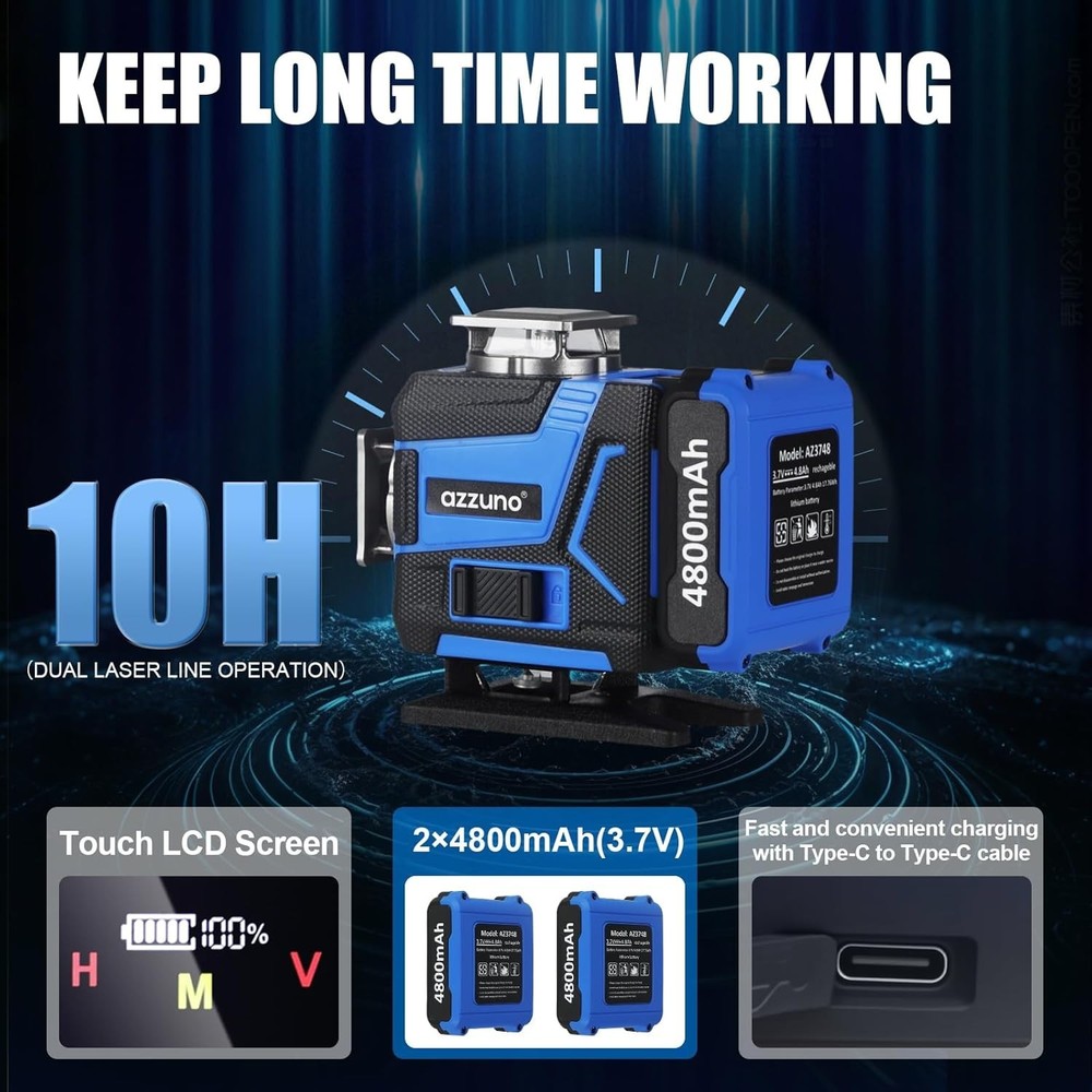 AZZUNO Laser Level 360 Self Leveling with Tripod with 2x4800mAh Batteries Blue